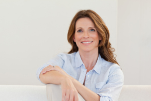 woman in blue shirt